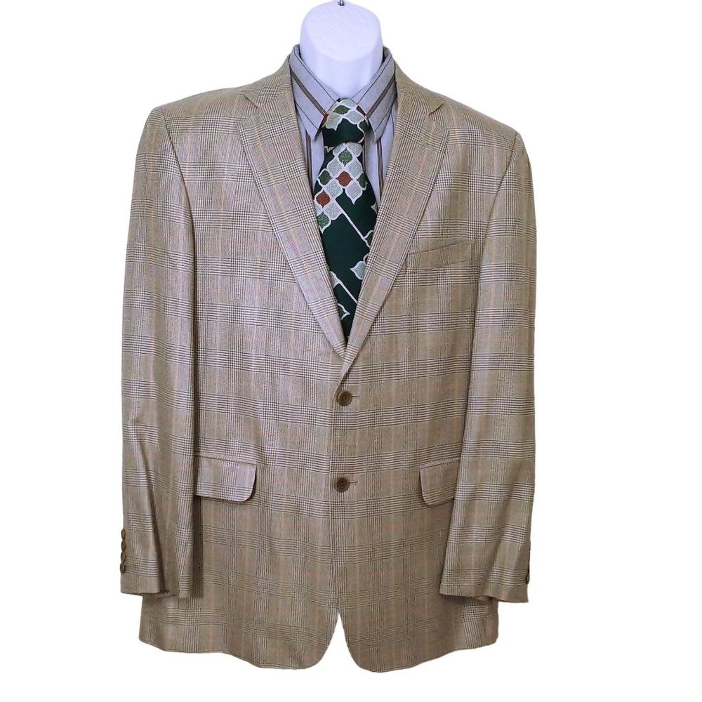 Vintage 90s-Y2K Blazer 100% Silk Suit Jacket Men-42L Fitted 2-Button Olive Plaid